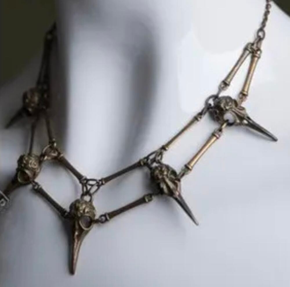 Avian Ossuary Brass Bird Skull Spike Necklace